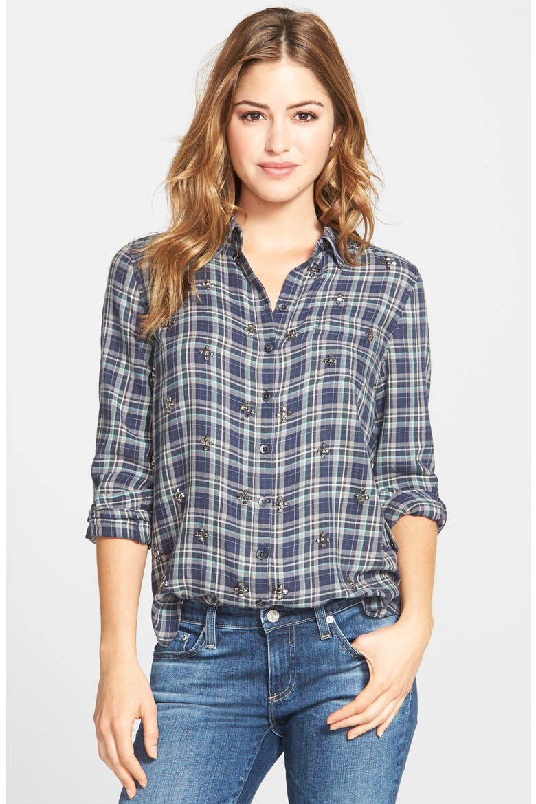 Embellished Plaid Shirt, Main, color, NAVY- GREY PLAID