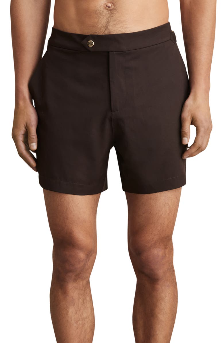 Reiss Sun Flat Front Swim Trunks, Main, color, Chocolate Brown