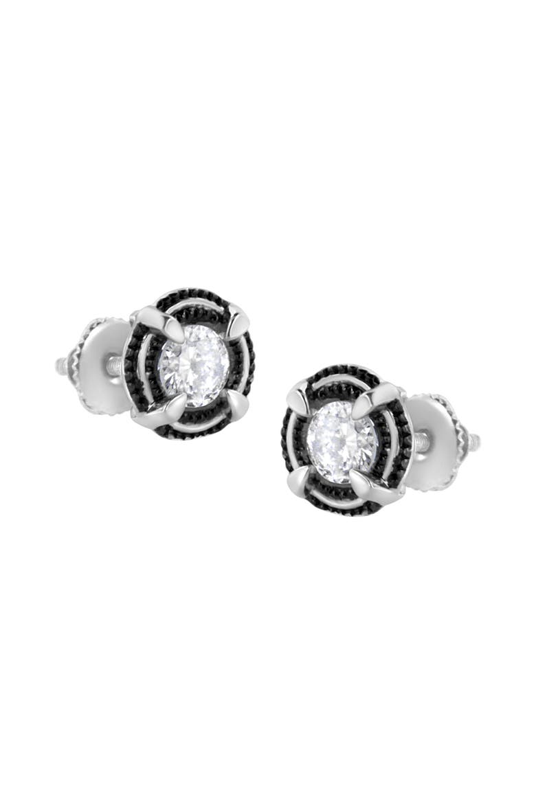 Black Rhodium Plated Silver 1/2 Ct Diamond Halo Solitaire Milgrain Stud Earrings, Alternate, color, White