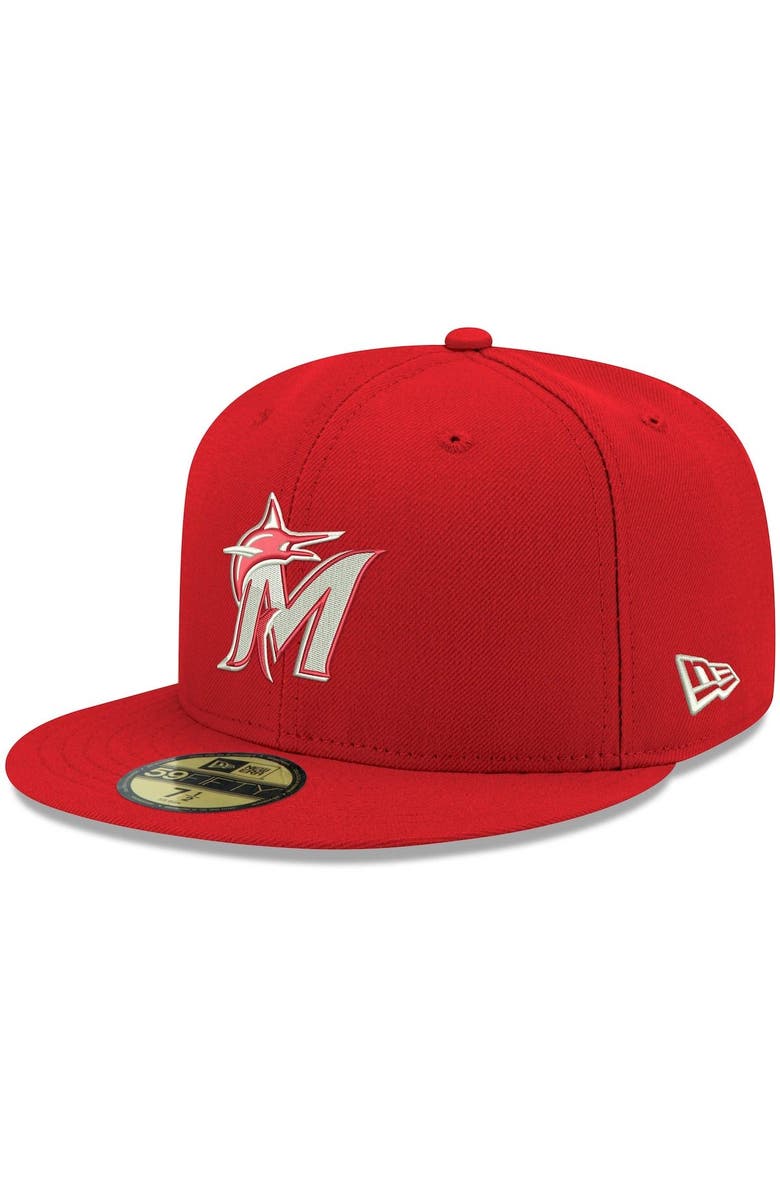 New Era Men's New Era Red Miami Marlins White Logo 59FIFTY Fitted Hat, Main, color, Red