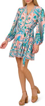 Adrianna Papell Print Tie Waist Long Sleeve Dress