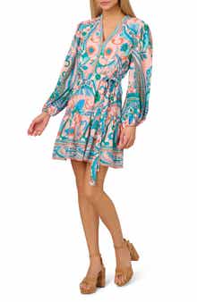 Adrianna Papell Print Tie Waist Long Sleeve Dress