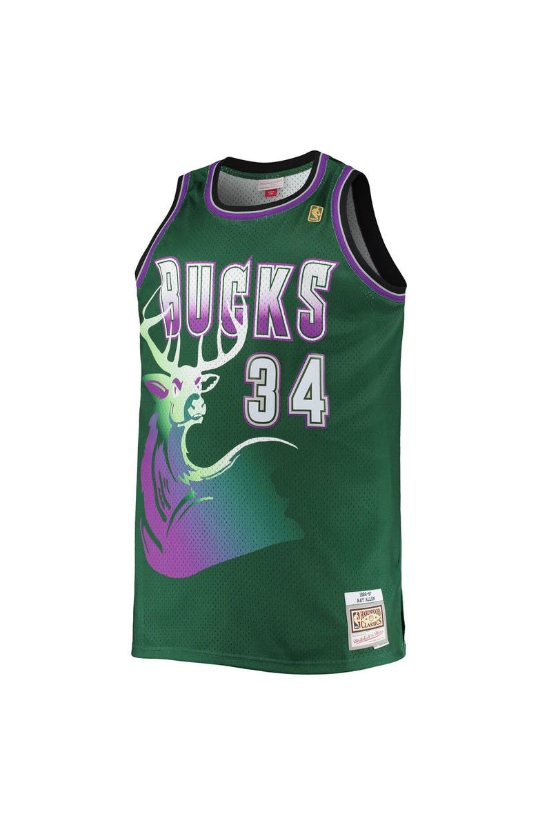 Mitchell & Ness Men's Mitchell & Ness Ray Allen Hunter Green Milwaukee Bucks Big & Tall 1996/97 Hardwood Classics Swingman Jersey, Alternate, color, Hunter Green