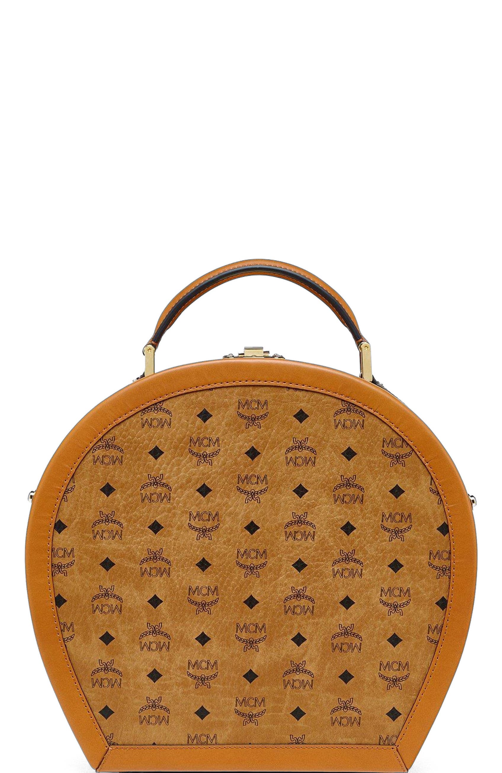 MCM Hat Box in Visetos, Alternate, color, Cognac