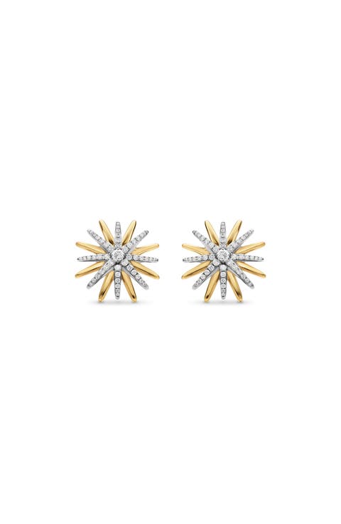 Starburst Stud Earrings in Sterling Silver with 18K Yellow Gold with Diamonds, 19mm