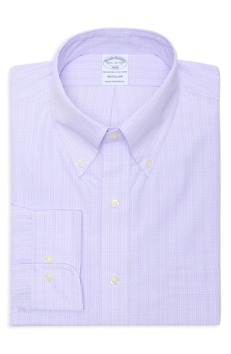 Brooks Brothers Regular Fit Plaid Non-Iron Cotton Dress Shirt, Main, color, Light Pastel Purple