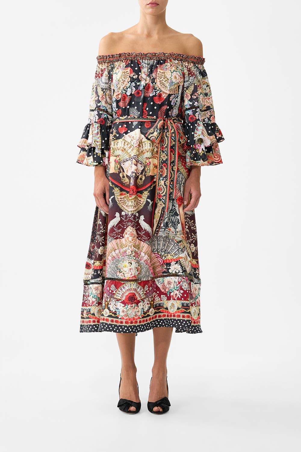 Off Shoulder Midi Dress With Frill Sleeve