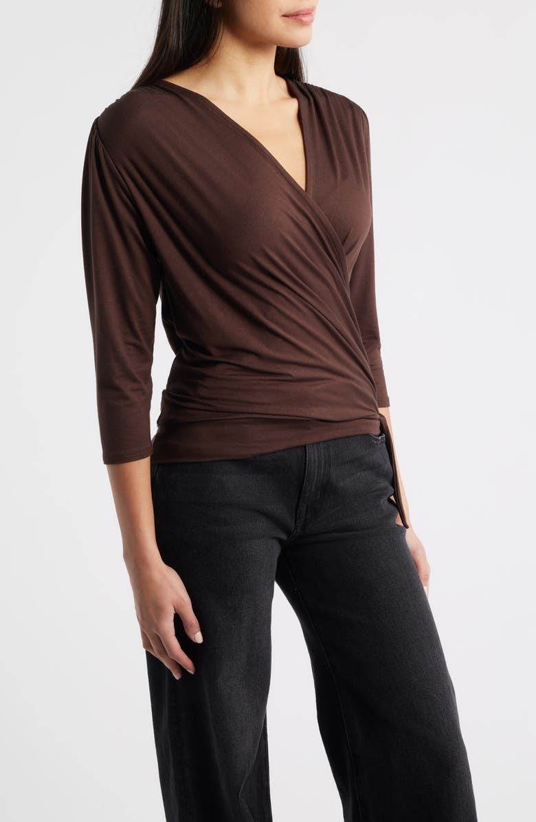 Loveappella Faux Tie Wrap Top, Alternate, color, Brown