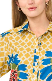 Halogen® Floral Print Short Sleeve Cotton Button-Up Shirt