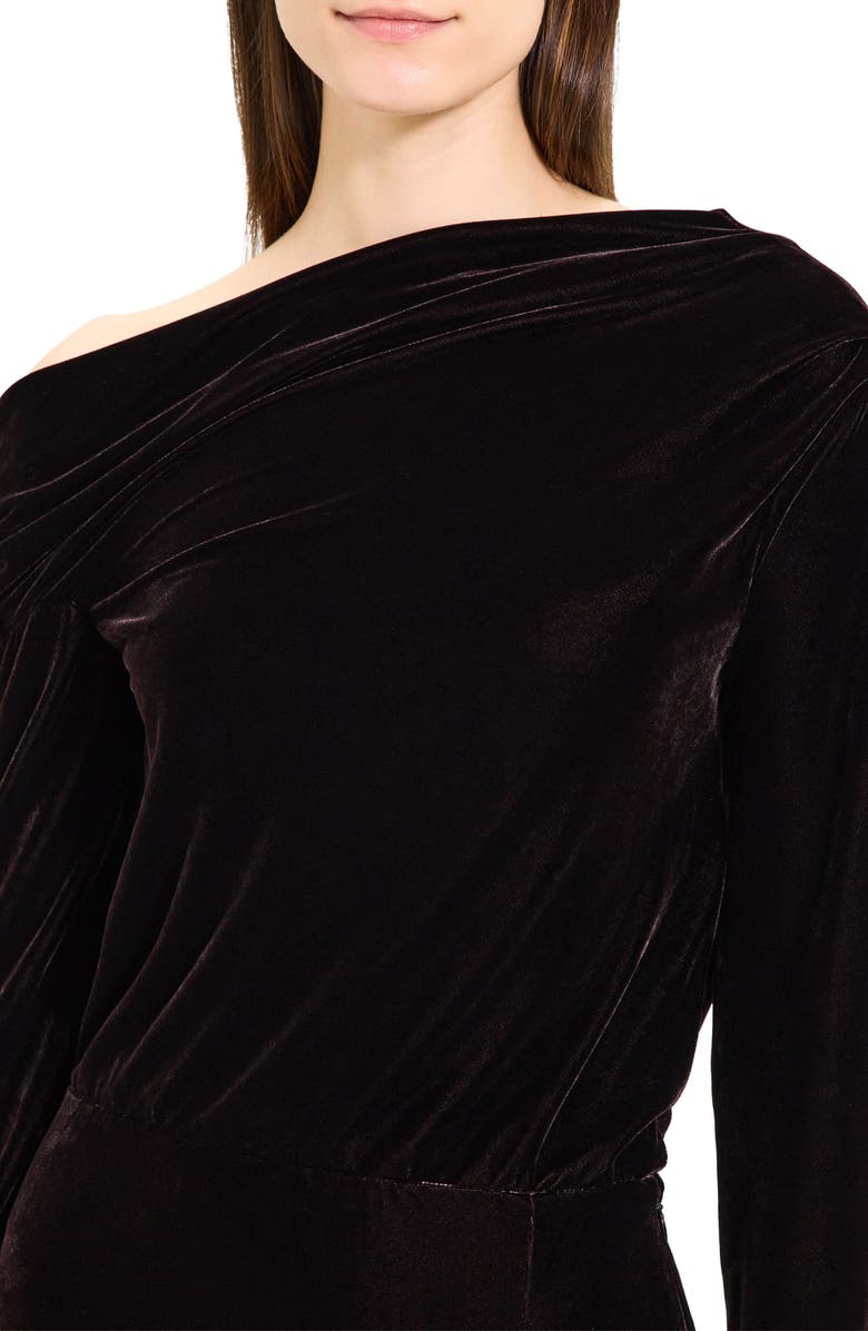 Theory Off the Shoulder Long Sleeve Stretch Velvet Dress, Alternate, color, Mink