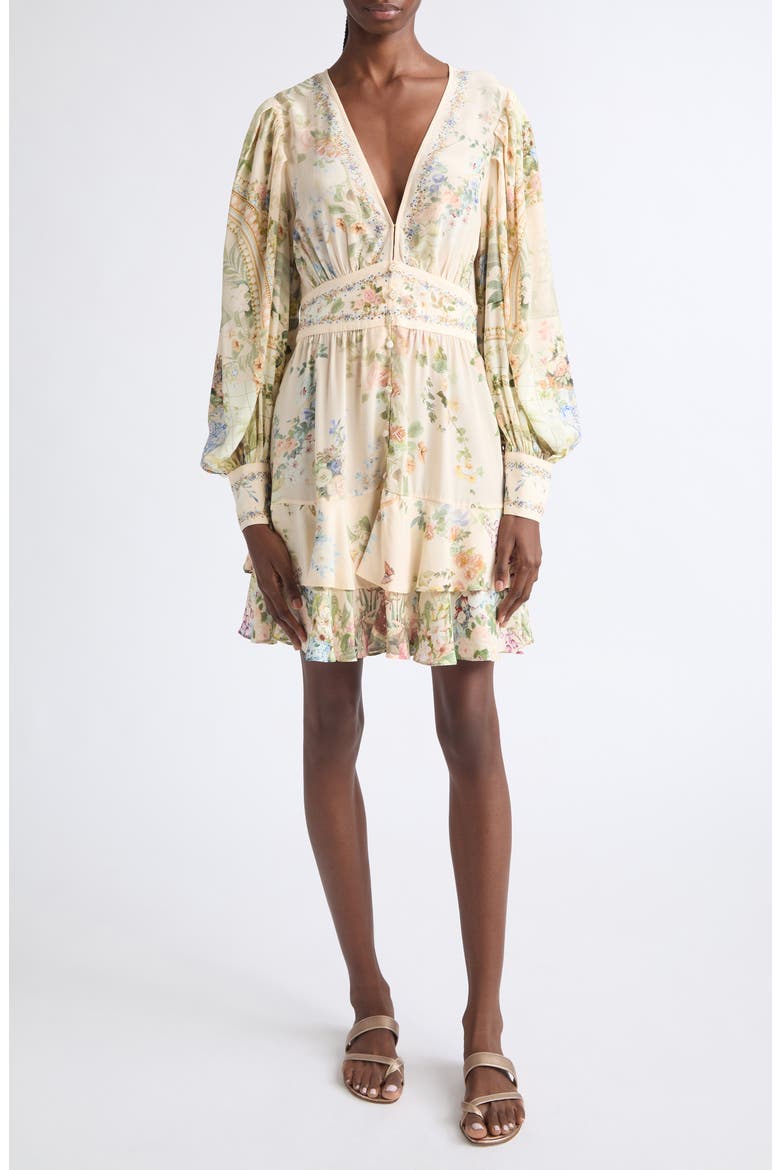 Floral Print Frill Long Sleeve Silk Dress, Main, color, MIDSUMMER MASTERPIECE