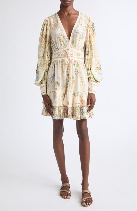 Floral Print Frill Long Sleeve Silk Dress