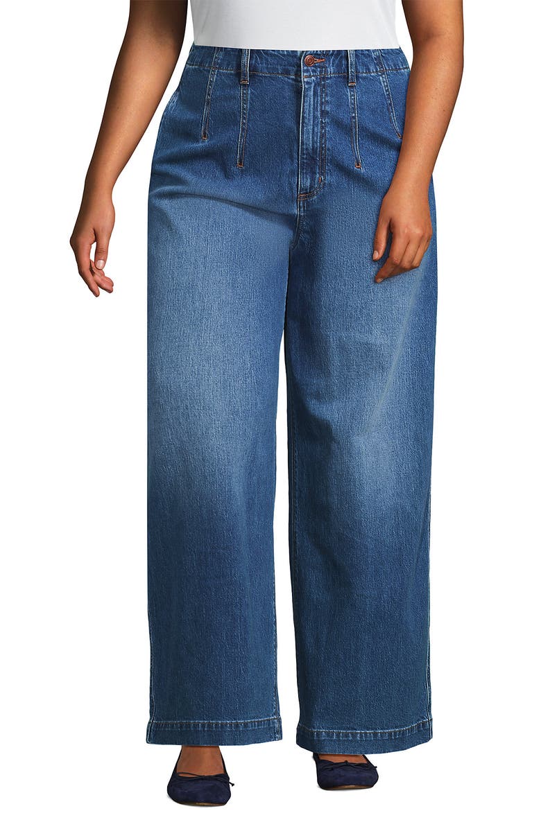 Lands' End Petite Soft Denim High Rise Wide Leg Top Stitch Trousers, Alternate, color, 