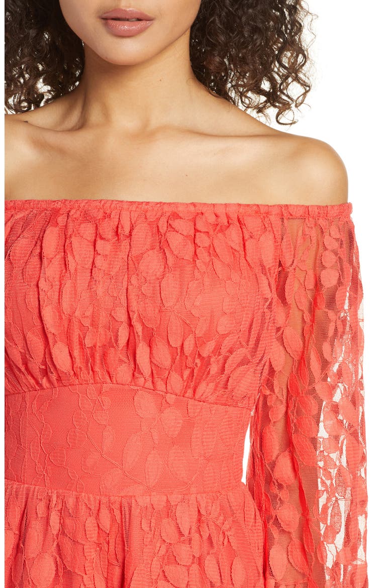 Bellini Long Sleeve Off the Shoulder Romper, Alternate, color, CORAL