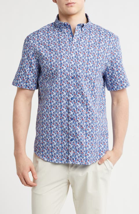 Textured Short Sleeve Cotton Button-Down Shirt