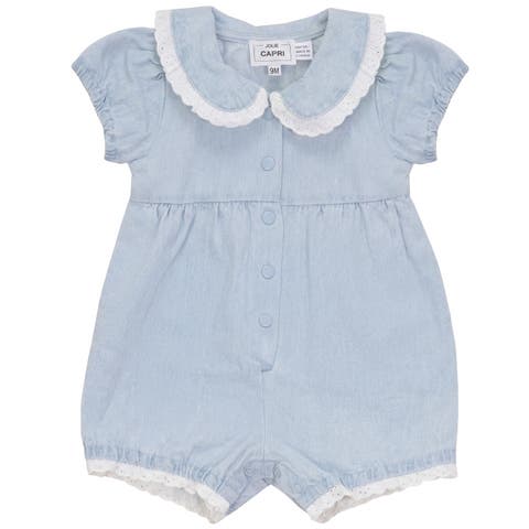 Denim Eyelet Lace Puff Sleeve Romper