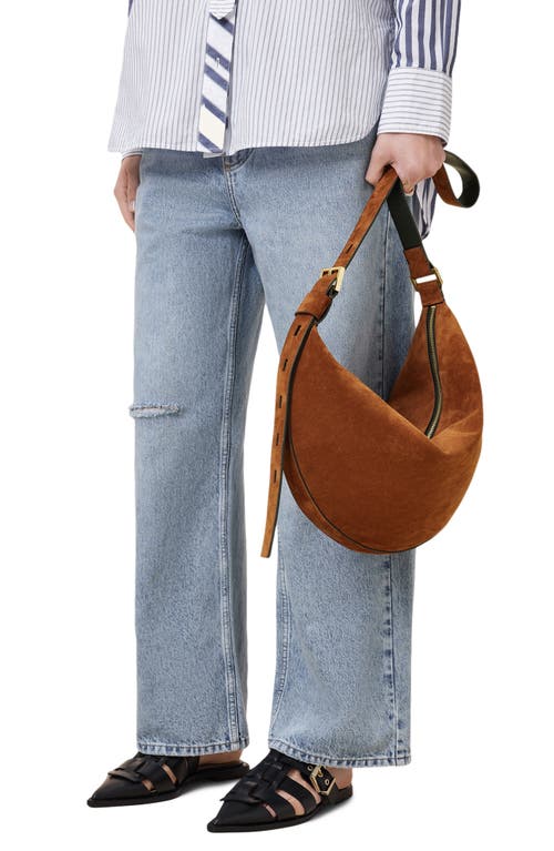 Shop Allsaints Half Moon Suede Shoulder Bag In Cognac Brown
