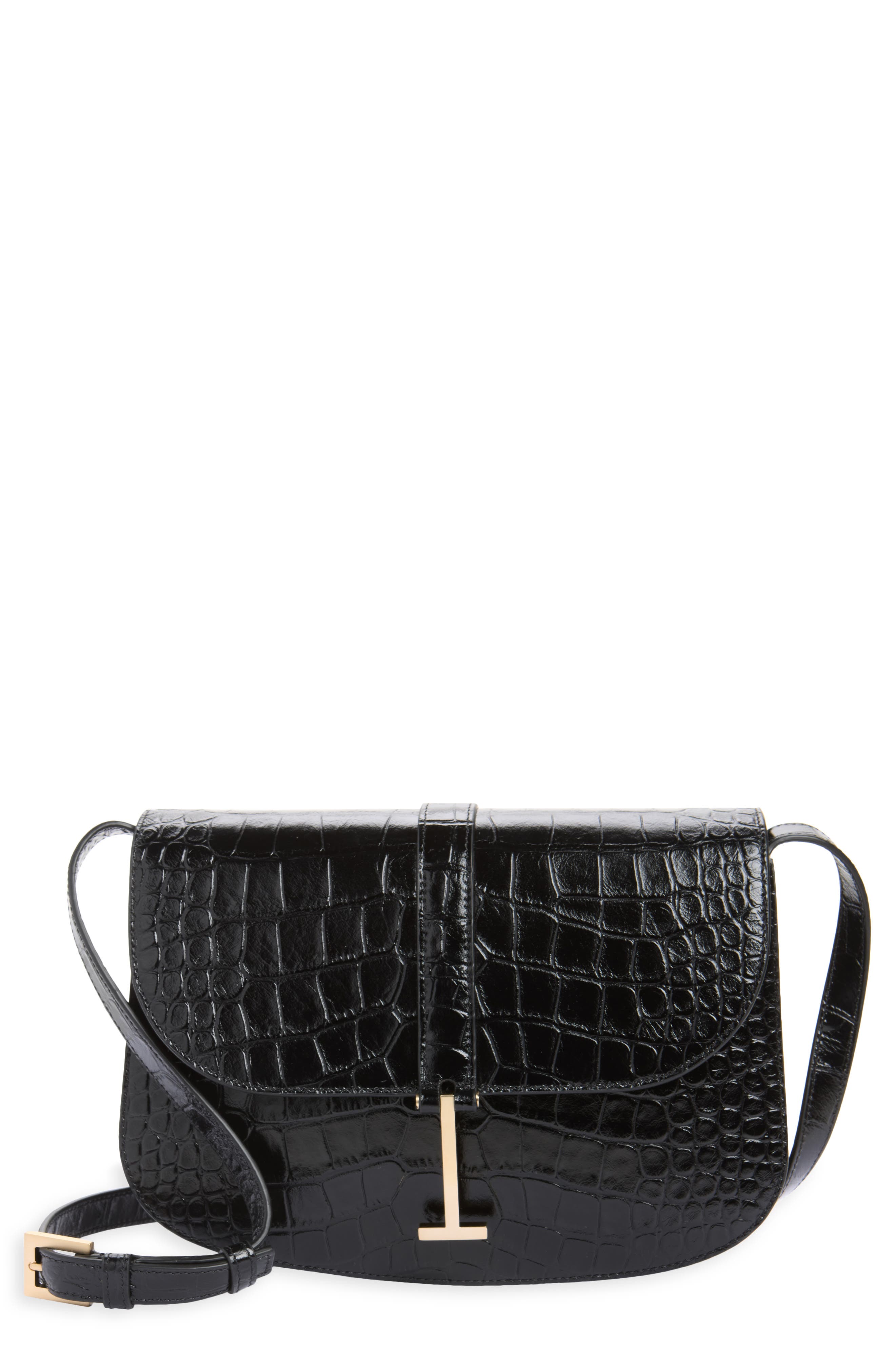 Kara Small Croc Embossed Leather Crossbody Bag, Main, color, BLACK