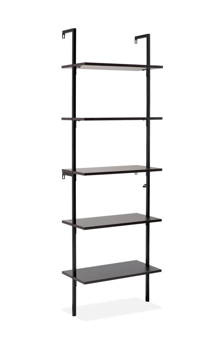 HAPPIMESS Madera Classic Industrial Shelf Wood Wall-Mounted Open Ladder Bookcase with Metal Frame, Main, color, Black/Black