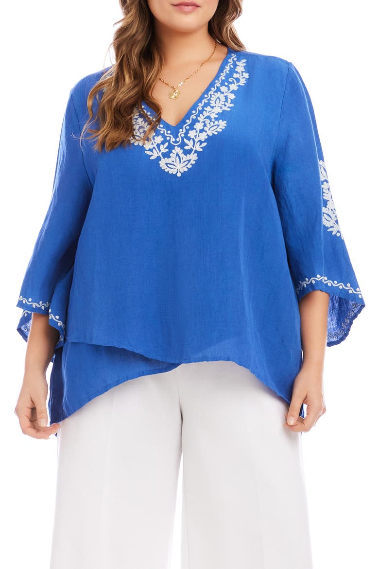 Embroidered Asymmetric Hem Linen Blend Top, Main, color, BLUE