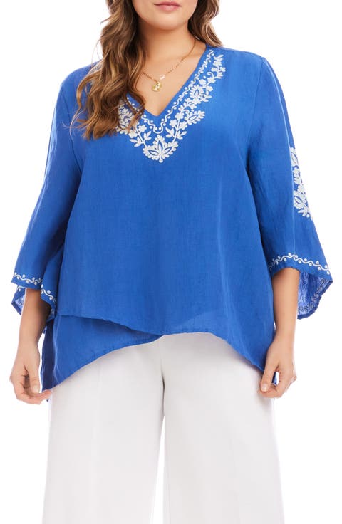Embroidered Asymmetric Hem Linen Blend Top (Plus)