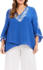 Karen Kane Embroidered Asymmetric Hem Linen Blend Top