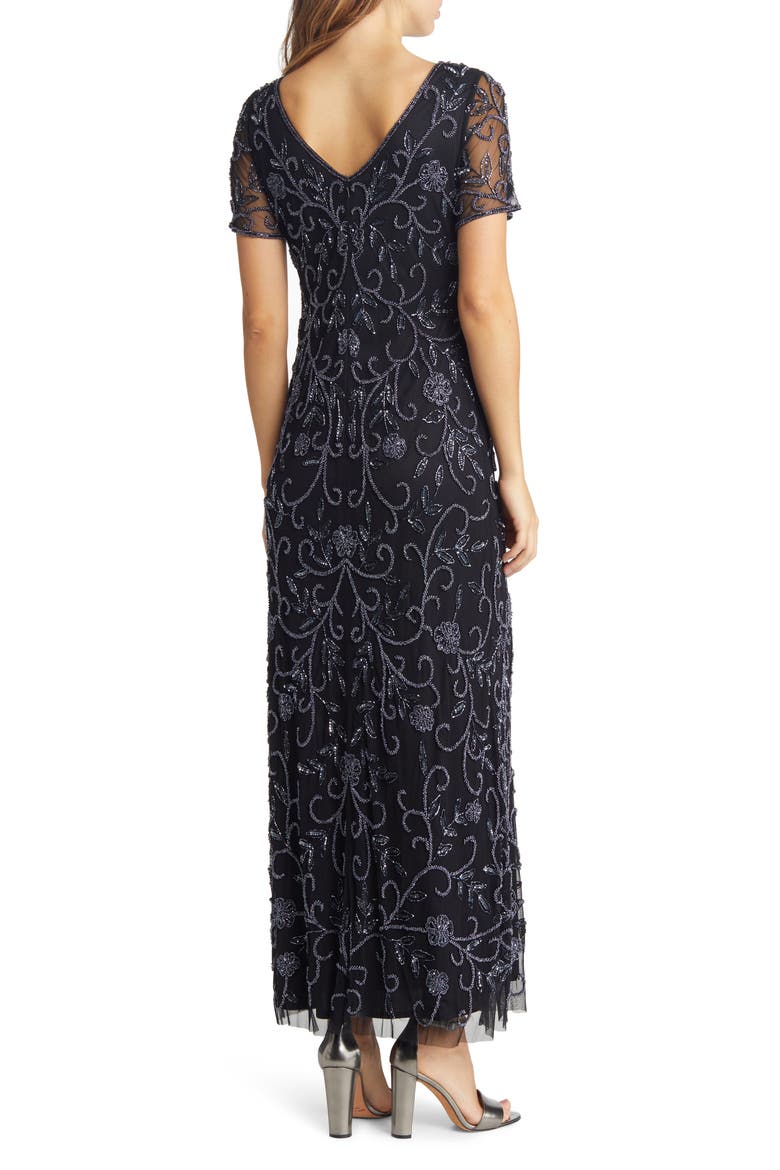 Floral Beaded Short Sleeve A-Line Gown, Alternate, color, BLACK/ GUNMETAL
