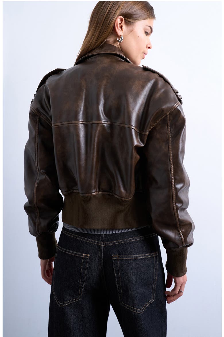 Faux Leather Ovoid Sleeve Bomber Jacket, Alternate, color, BROWN