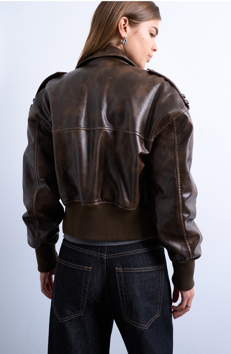 Topshop Faux Leather Ovoid Sleeve Bomber Jacket, Alternate, color, Brown
