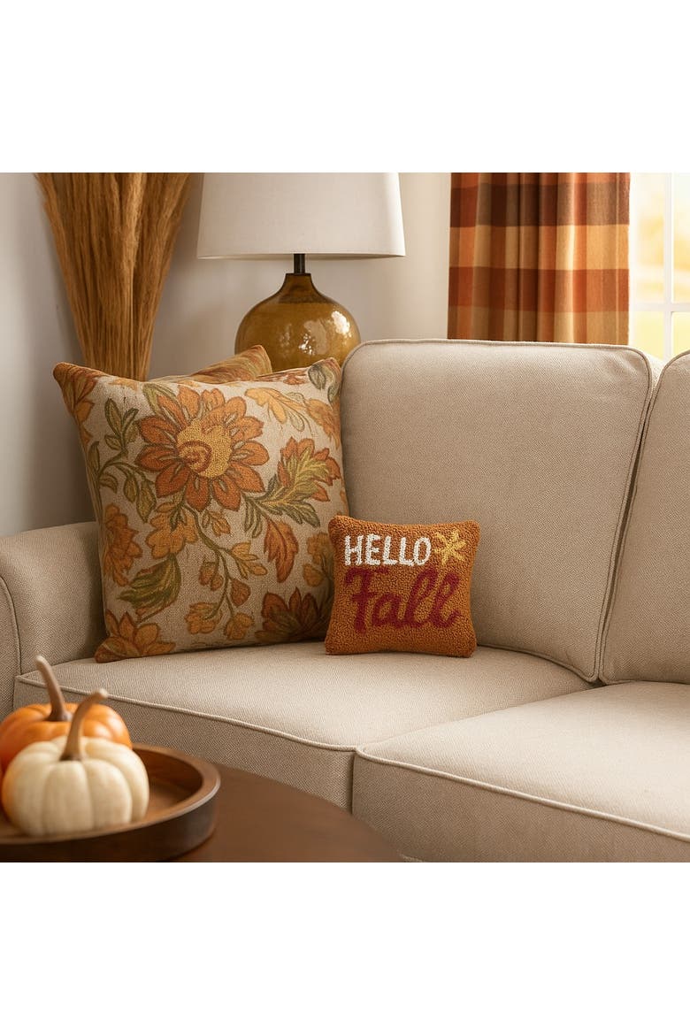 Harvest "Hello Fall" Leaf Hooked Mini Accent Pillow 10" x 10", Alternate, color, Brown