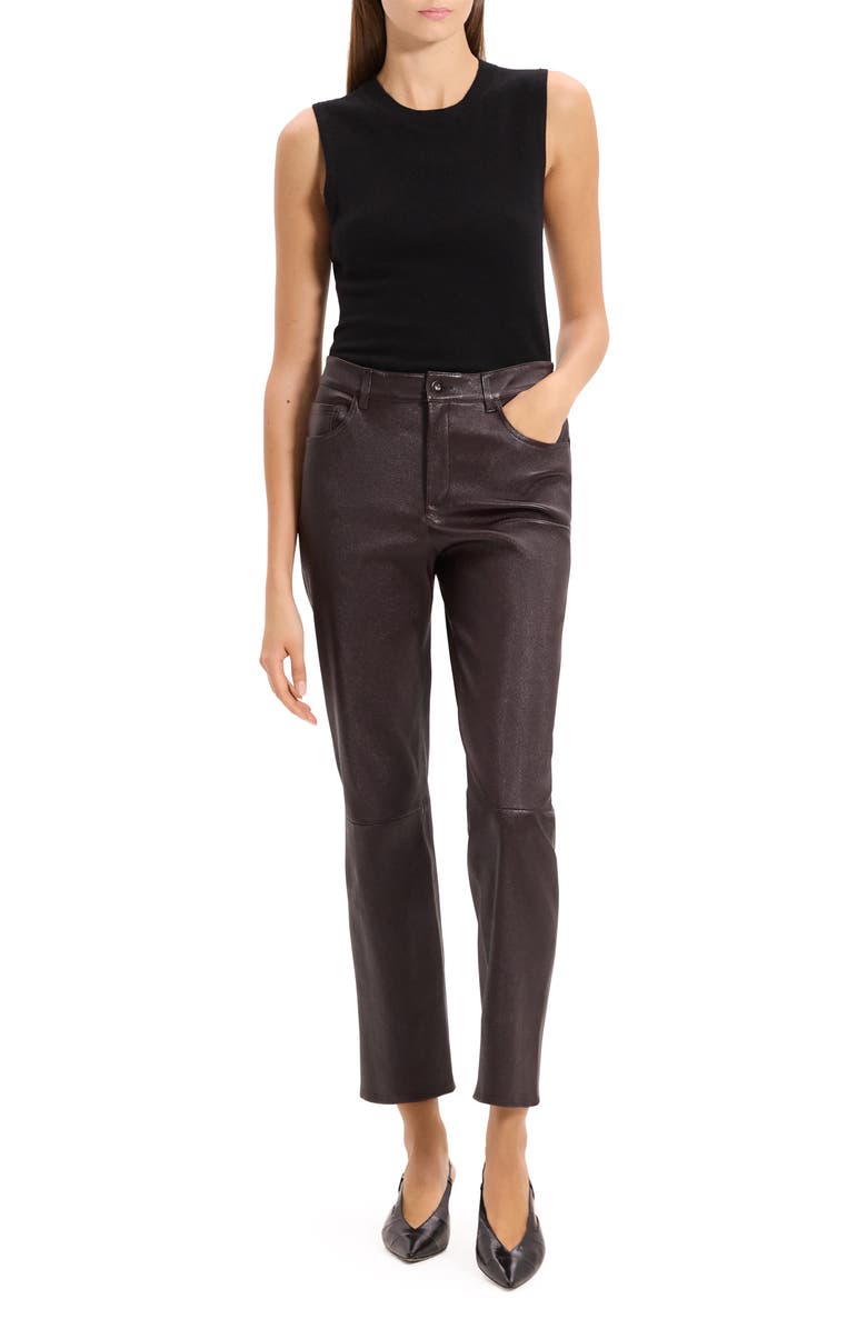 Theory Glossed Leather Straight Leg Pants, Alternate, color, Plum Brown