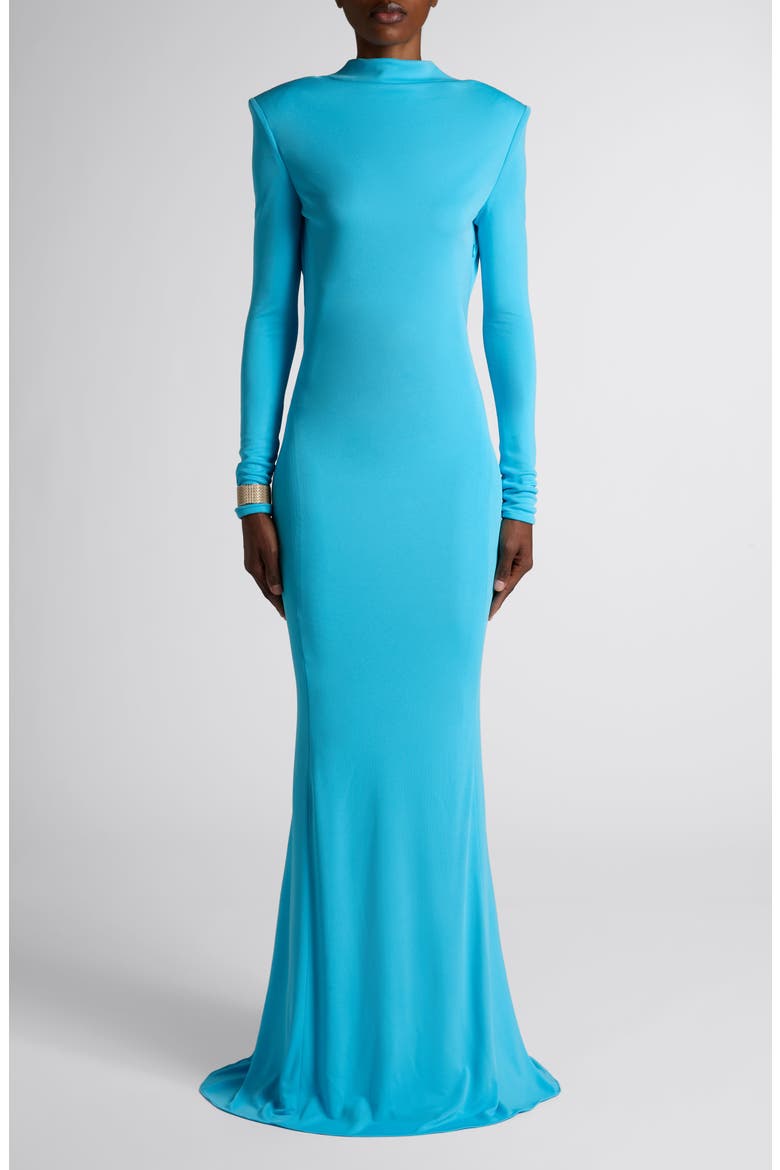 Long Sleeve Crepe Jersey Gown, Main, color, AQUA BLUE