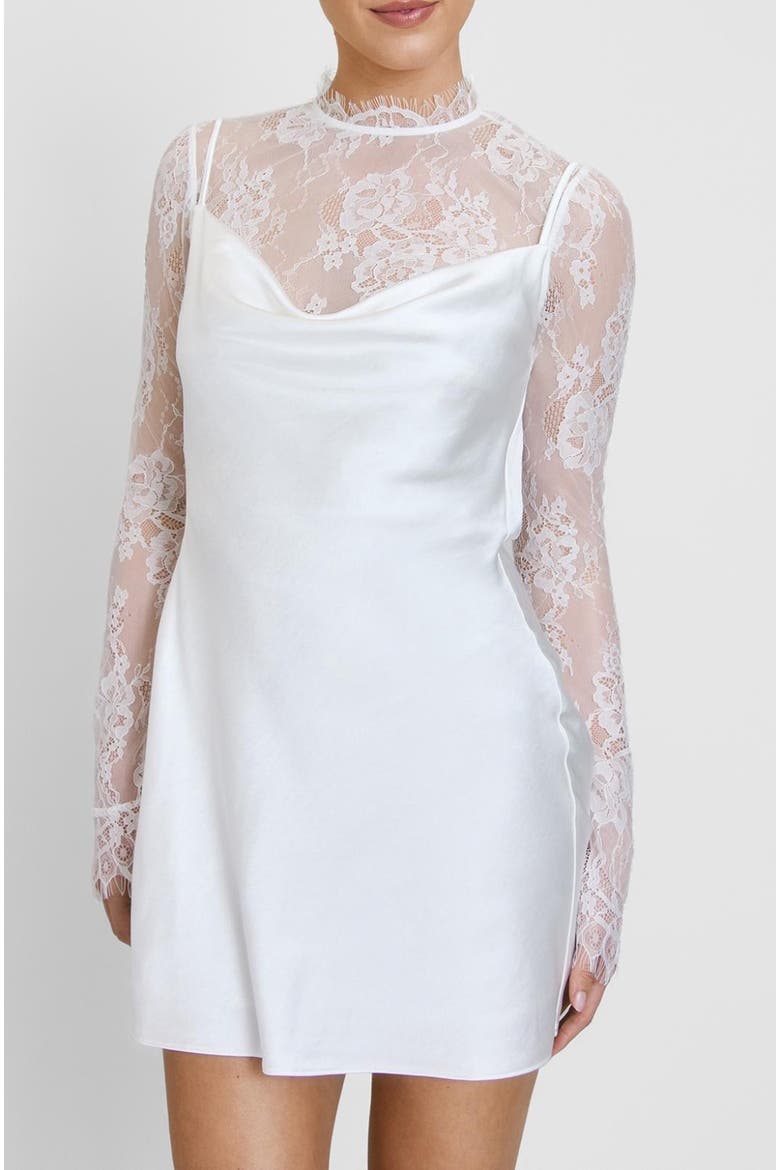 Lace Sleeve Cowl Satin Mini Dress, Alternate, color, White