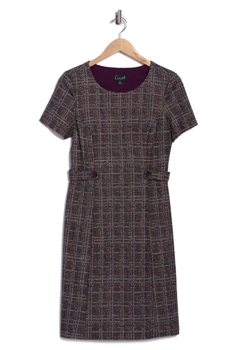 Plaid Short Sleeve Bouclé A-Line Dress, Alternate, color, AUBERGINE