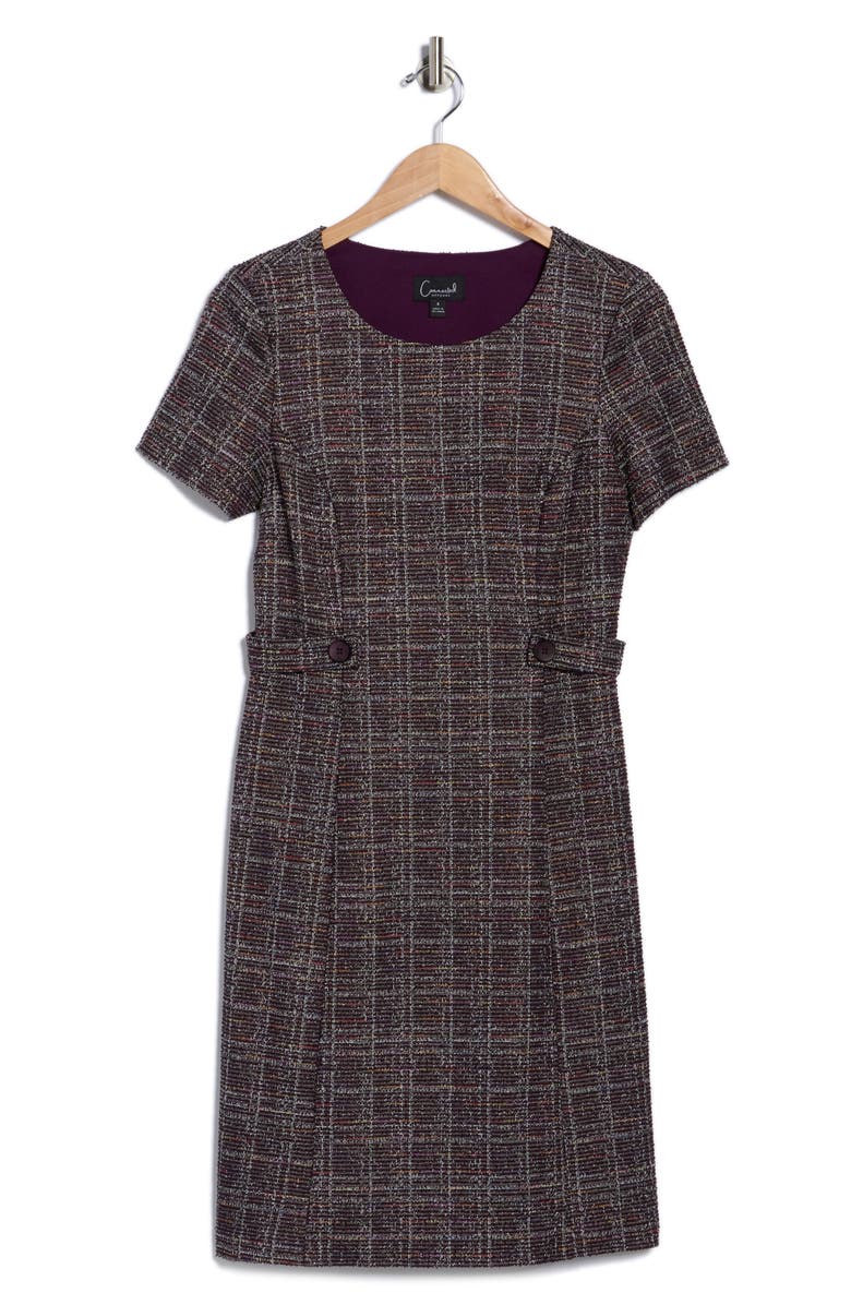 Connected Apparel Plaid Short Sleeve Bouclé A-Line Dress, Alternate, color, Aubergine