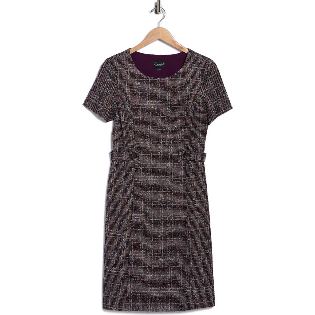 Connected Apparel Plaid Short Sleeve Bouclé A-line Dress In Brown