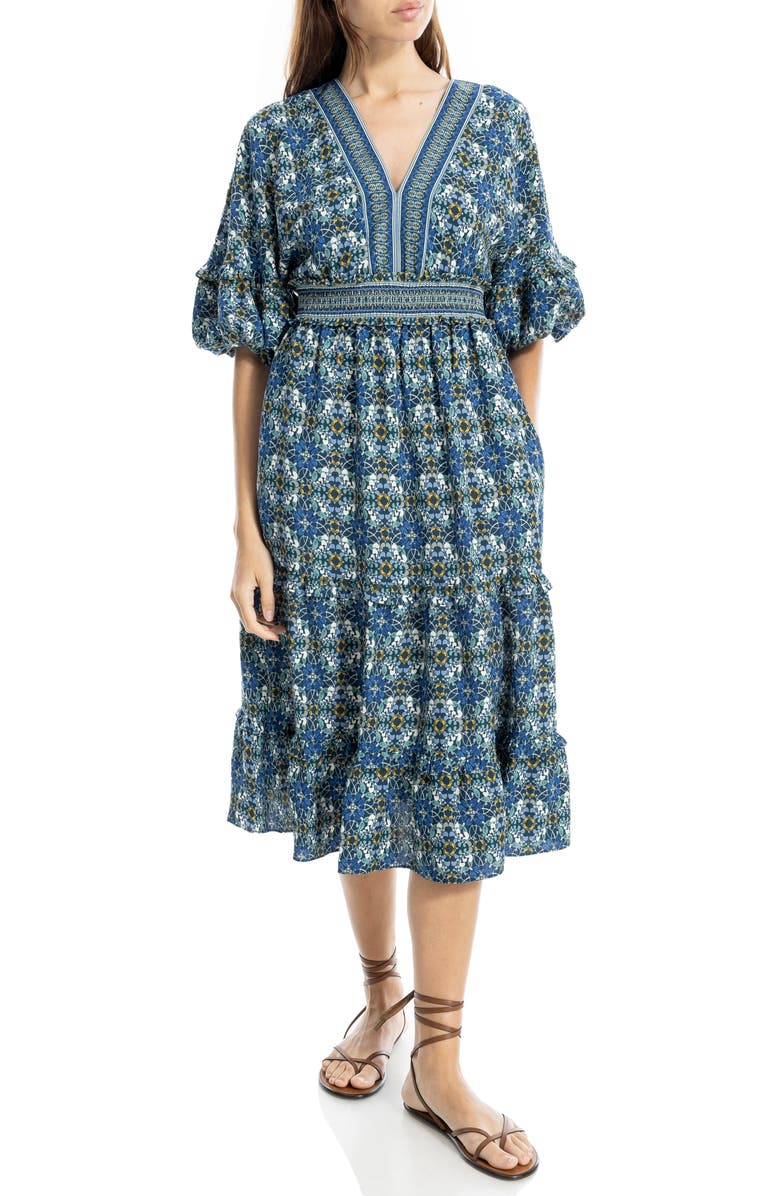 MAX STUDIO Elbow Sleeve Ruffle Midi Dress, Main, color, Spruce Fold Flower Grid Panel