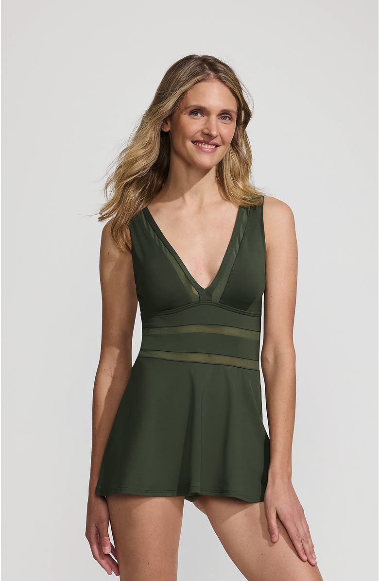 Lands' End Mesh V-neck Mini Swim Dress Swimsuit, Main, color, Rich Olive Green