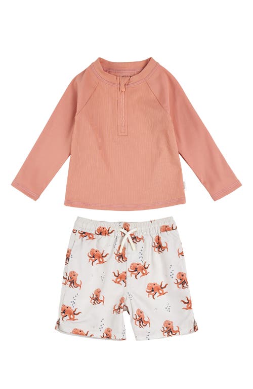 Petit Lem Rib Long Sleeve Two-piece Rashguard Swimsuit In Coral