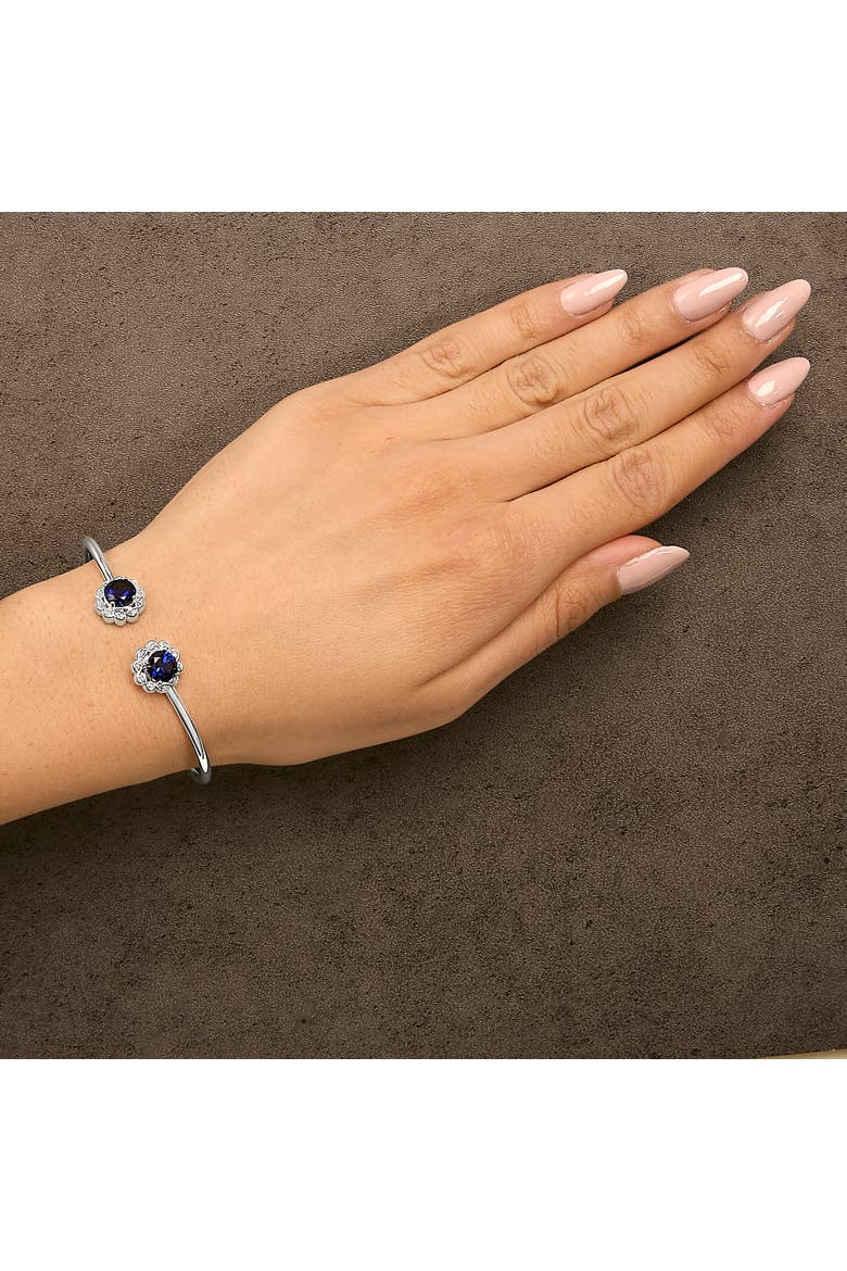Sterling Silver Diamond Accent Created Blue Sapphire Floral Design Bangle Bracelet, Alternate, color, Silver