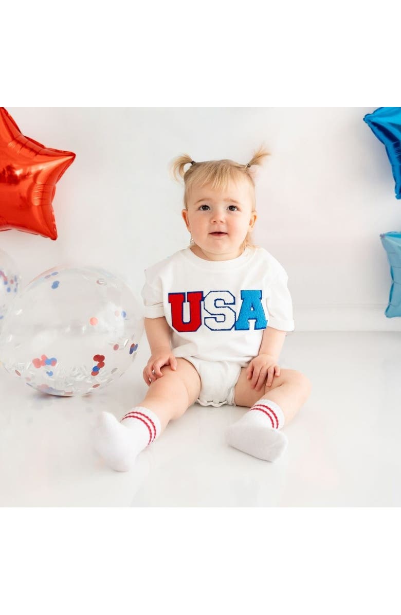 Sweet Wink USA Patch Short Sleeve Romper, Alternate, color, White