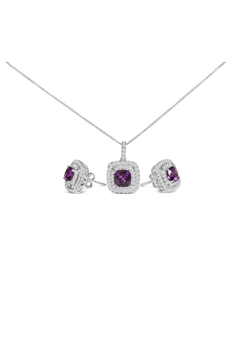 Haus of Brilliance Silver Created Purple Amethyst and White Sapphire Halo Pendant Earring Set, Main, color, White