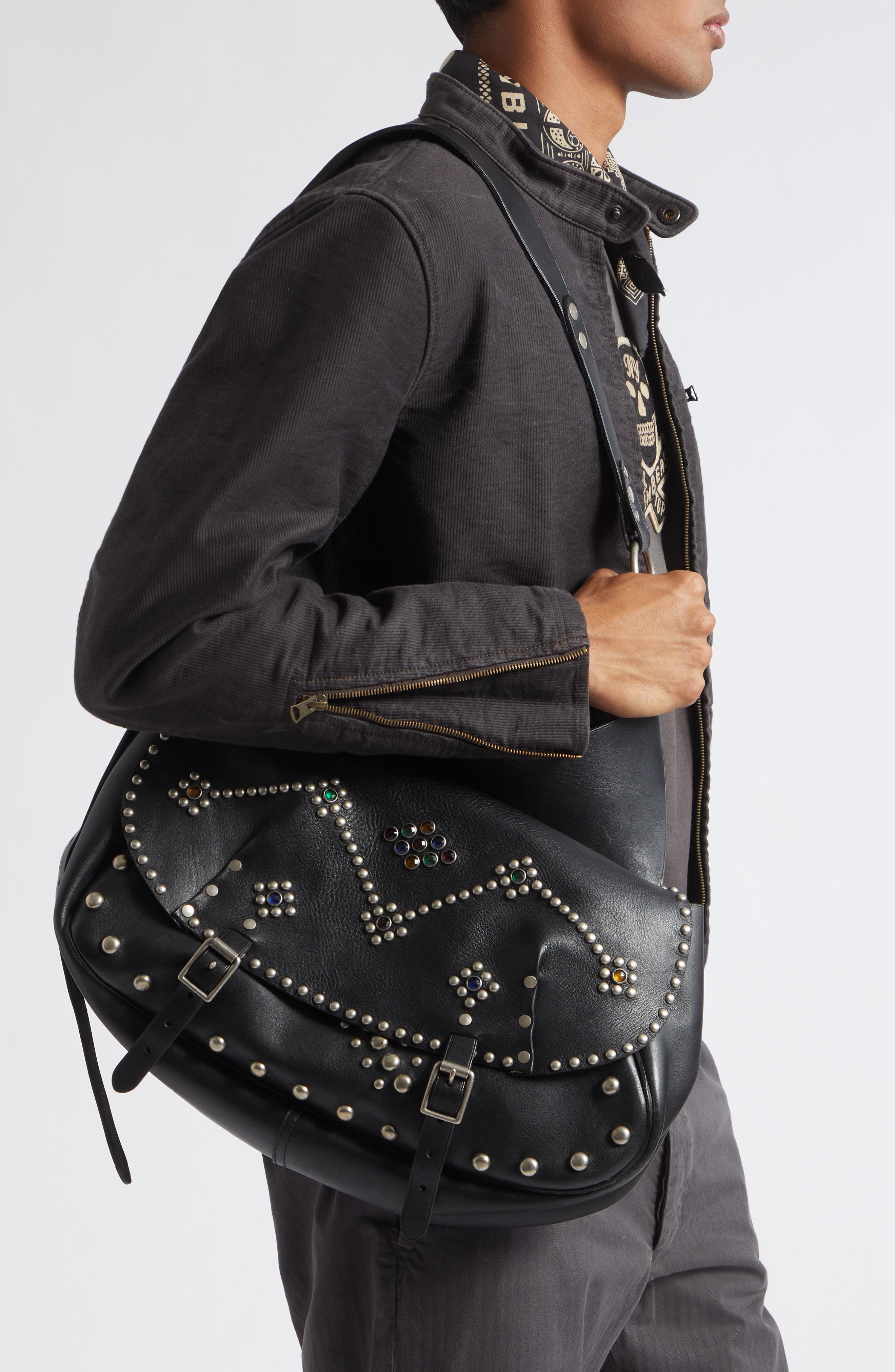 Tucker Studded Leather Messenger Bag, Alternate, color, BLACK/ RRL VINTAGE SILVER