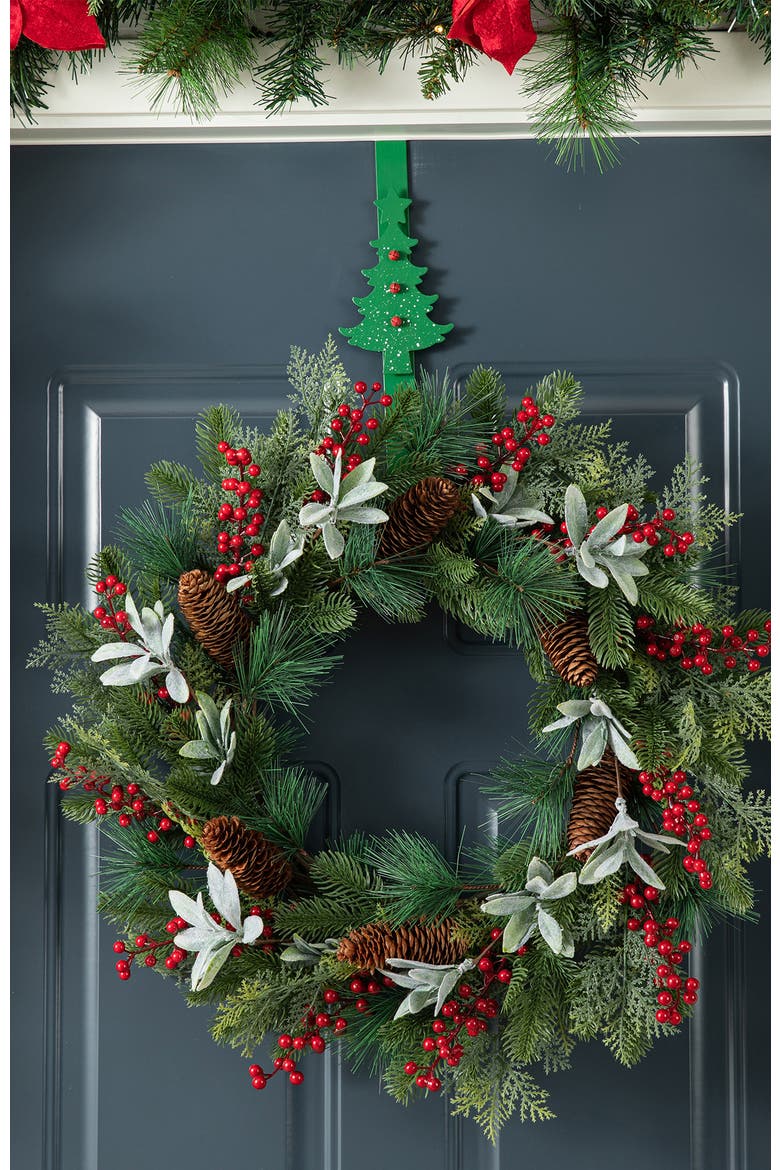 Christmas Metal Tree & Reindeer Wreath Hanger, Alternate, color, Green