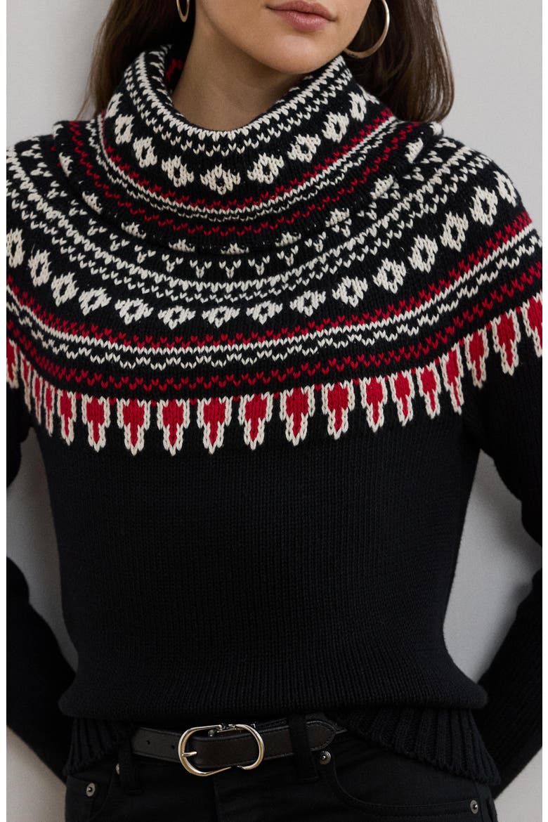 Fair Isle Cotton Turtleneck Sweater, Alternate, color, BLACK/ CREAM/ RED