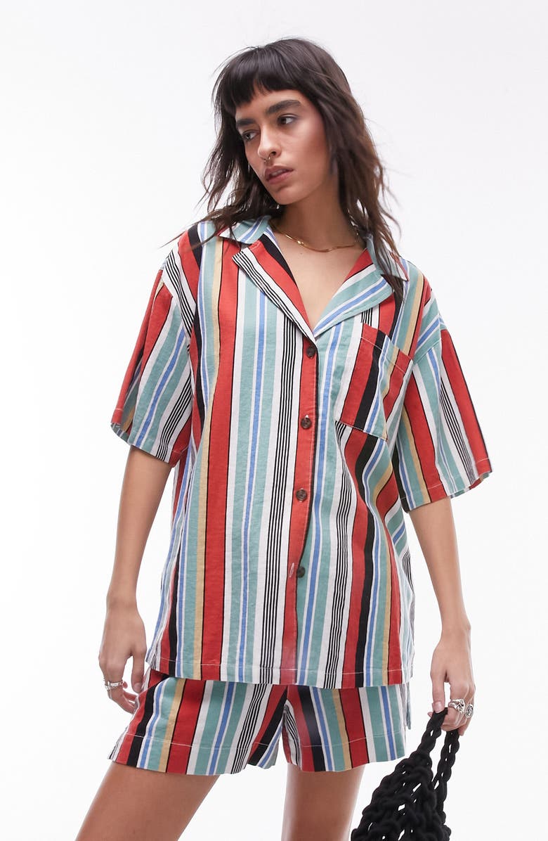 Topshop Stripe Oversize Linen Blend Button-Up Shirt, Main, color, Multi