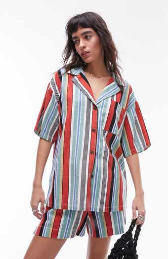 Topshop Stripe Oversize Linen Blend Button-Up Shirt