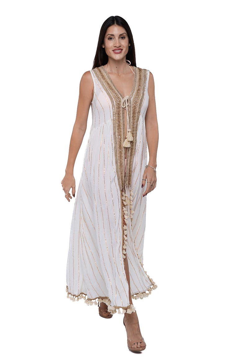 Tassel Trim Sleeveless Cover-Up Duster, Alternate, color, IVORY