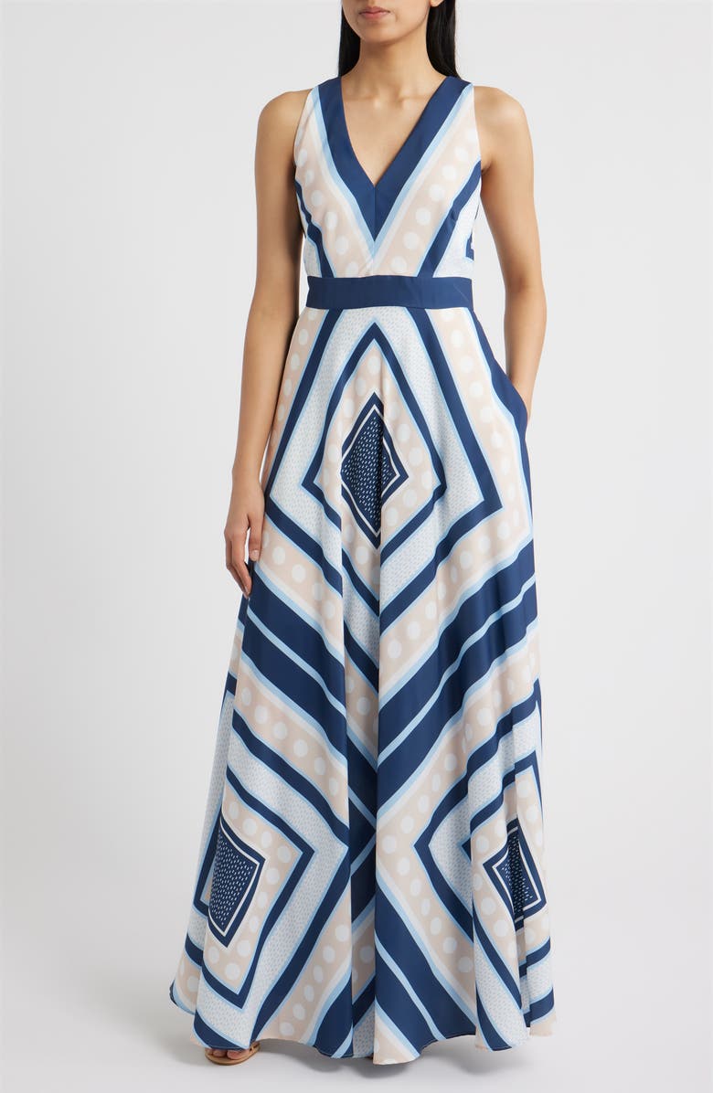 Eliza J Scarf Print Crêpe de Chine Maxi Dress, Main, color, Navy