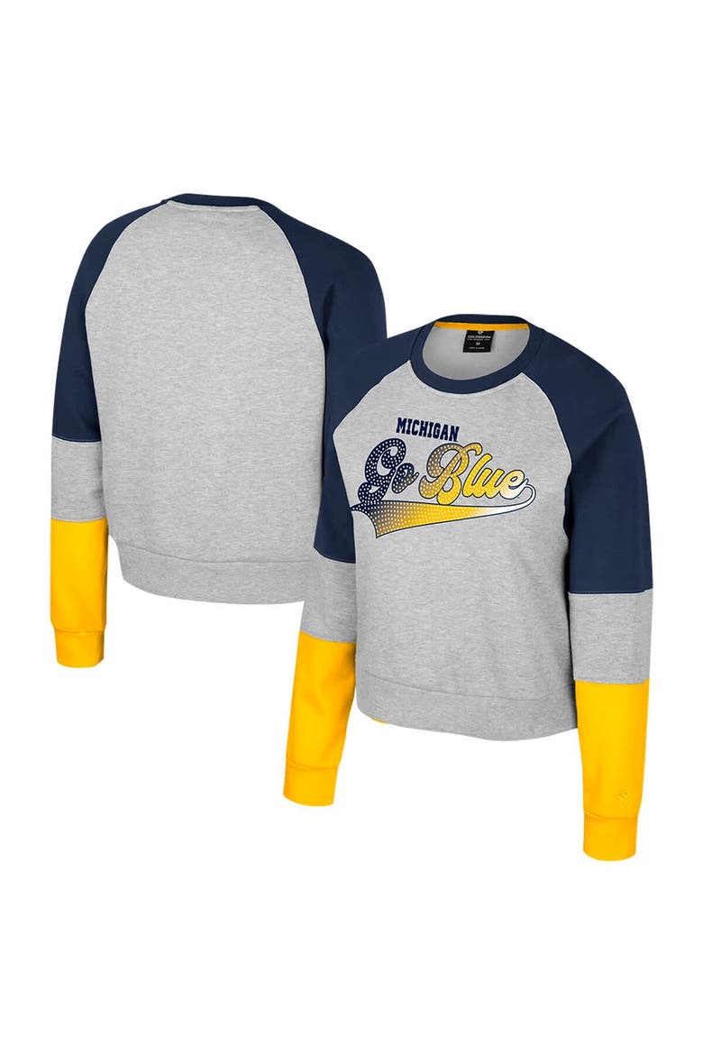 Girls Youth Colosseum Heather Gray Michigan Wolverines Katinka Rhinestone Pullover Sweatshirt, Main, color, Heather Gray